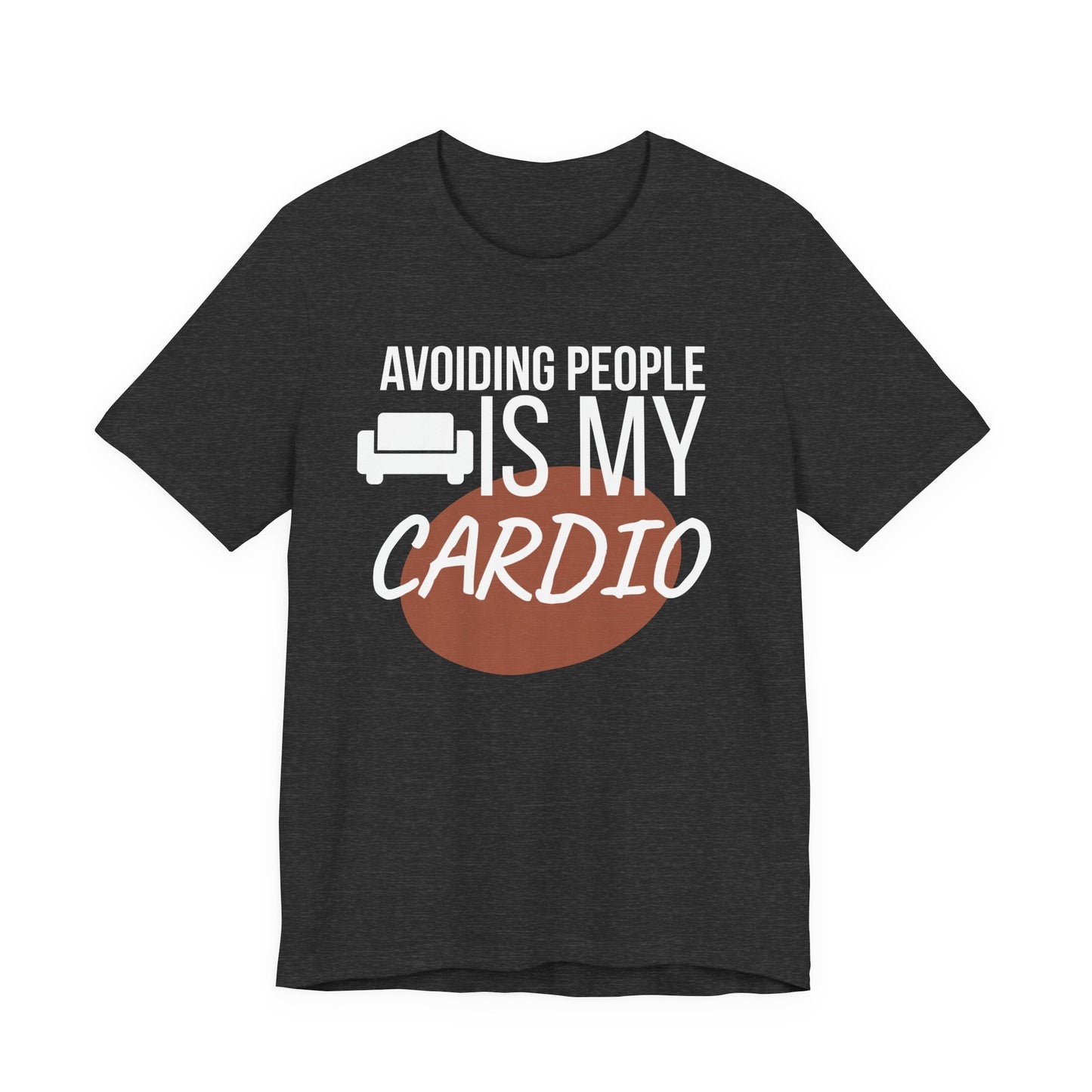 Black t-shirt with humorous text 'Avoiding People Is My Cardio' design on a white background