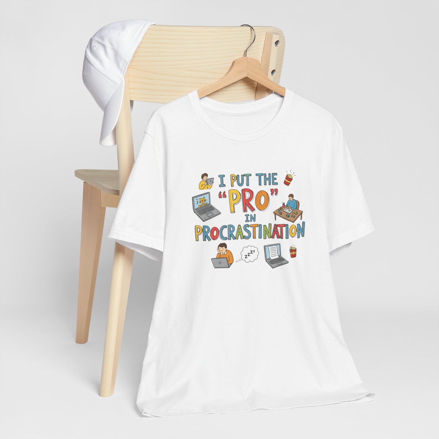 White t-shirt with colorful graphic and text on a white background