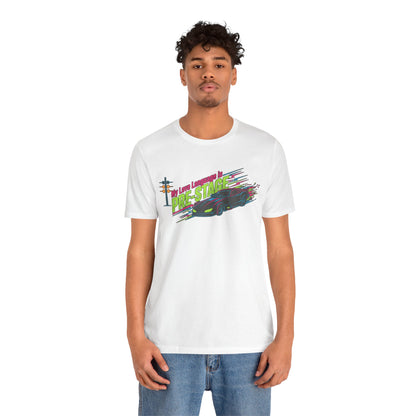 Person wearing a white t-shirt with colorful graphic design and text 'My Love Language is Pre-Stage' on a white background
