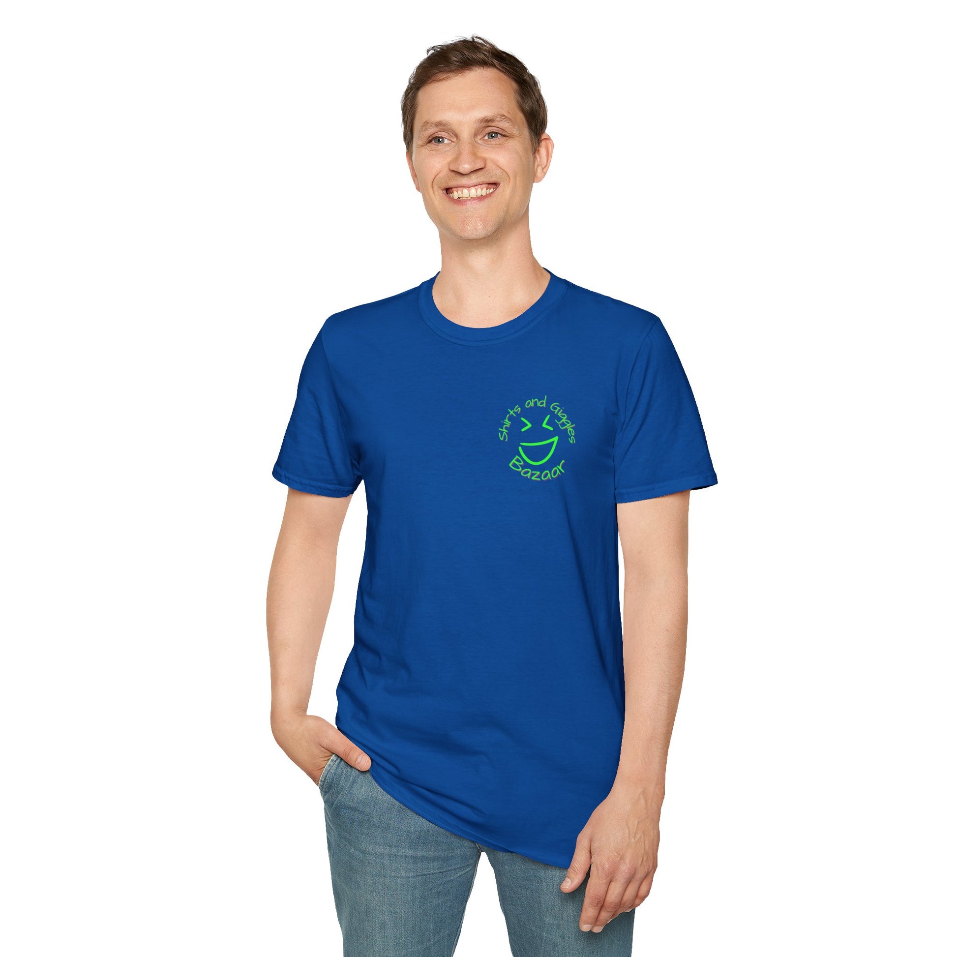 Man wearing a blue t-shirt with a green 'Shirts and Giggles Bazaar' logo on a white background
