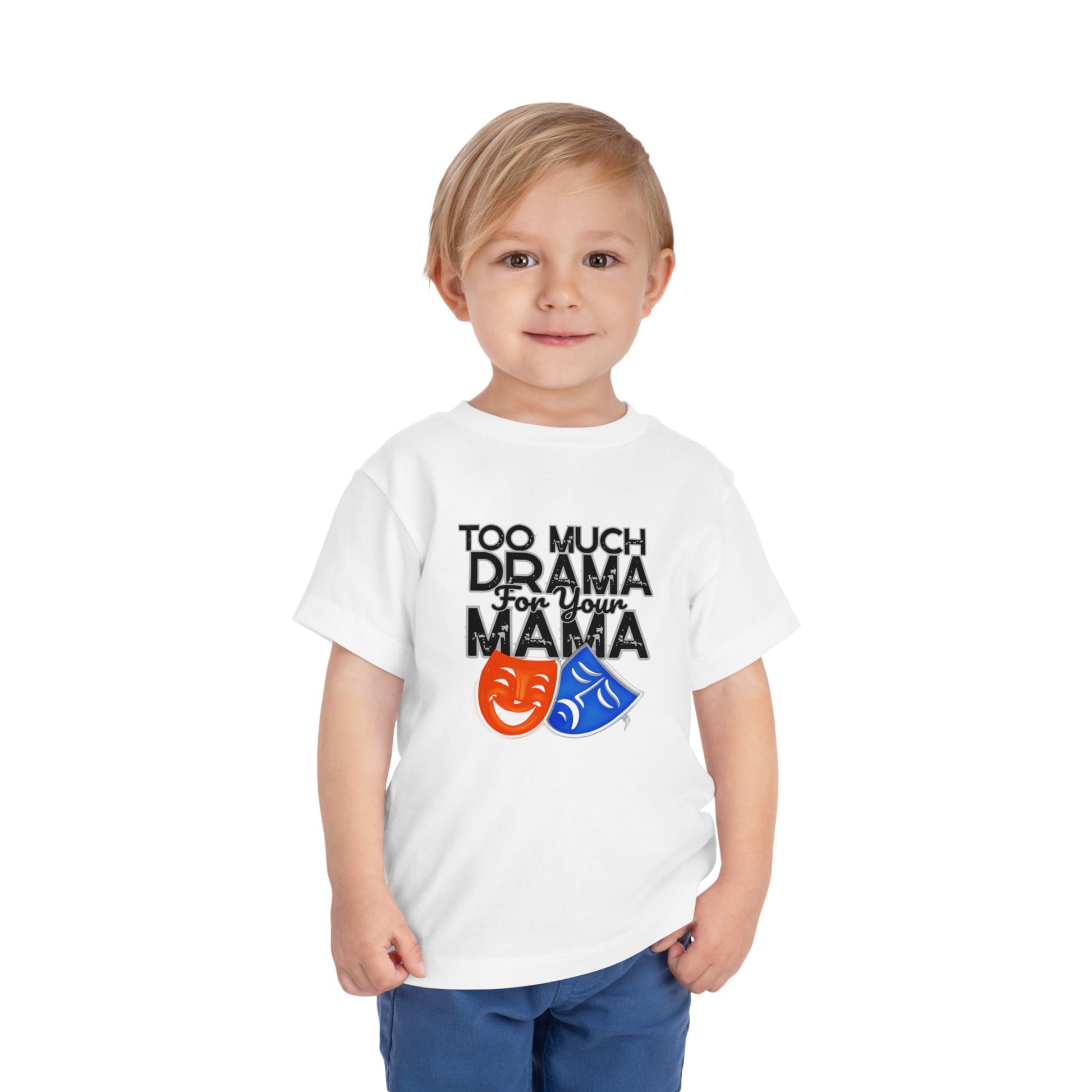 Child wearing a white t-shirt with text 'Too much drama for your mama' and theater masks on a white background