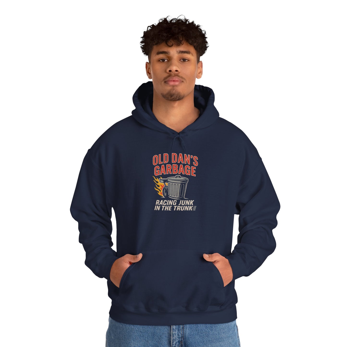 Person wearing a navy hoodie with 'Old Dan's Garbage' graphic design on a white background