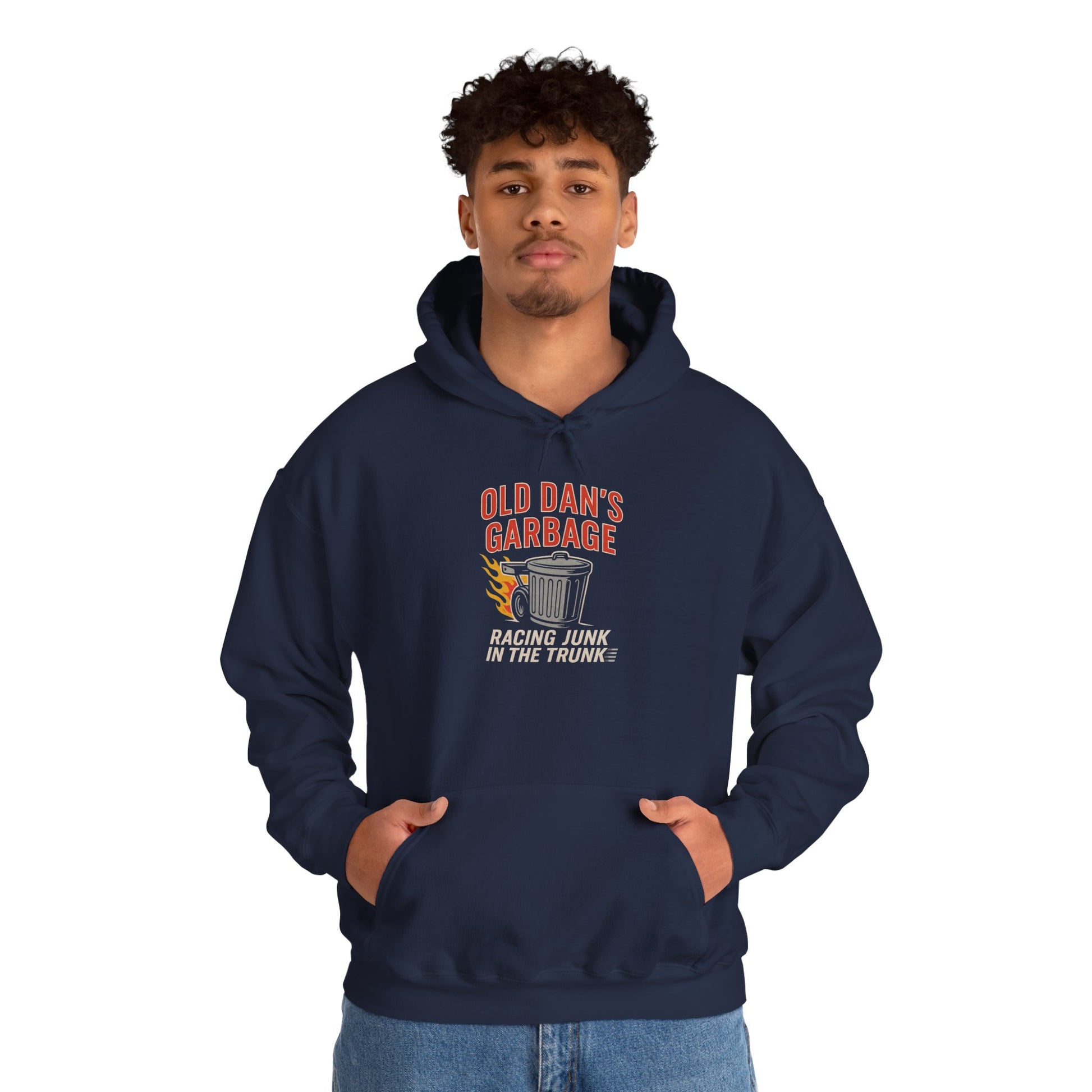 Person wearing a navy hoodie with 'Old Dan's Garbage' graphic design on a white background