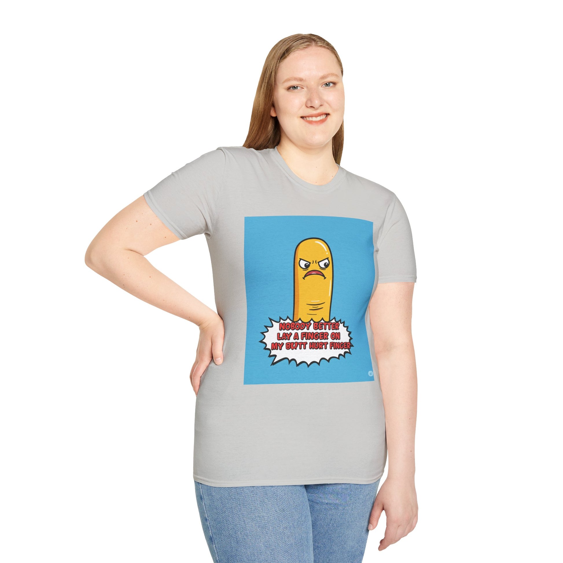 Person wearing a gray t-shirt with a cartoon character and text 'Nobody better lay a finger on my butt hurt finger' on a white background
