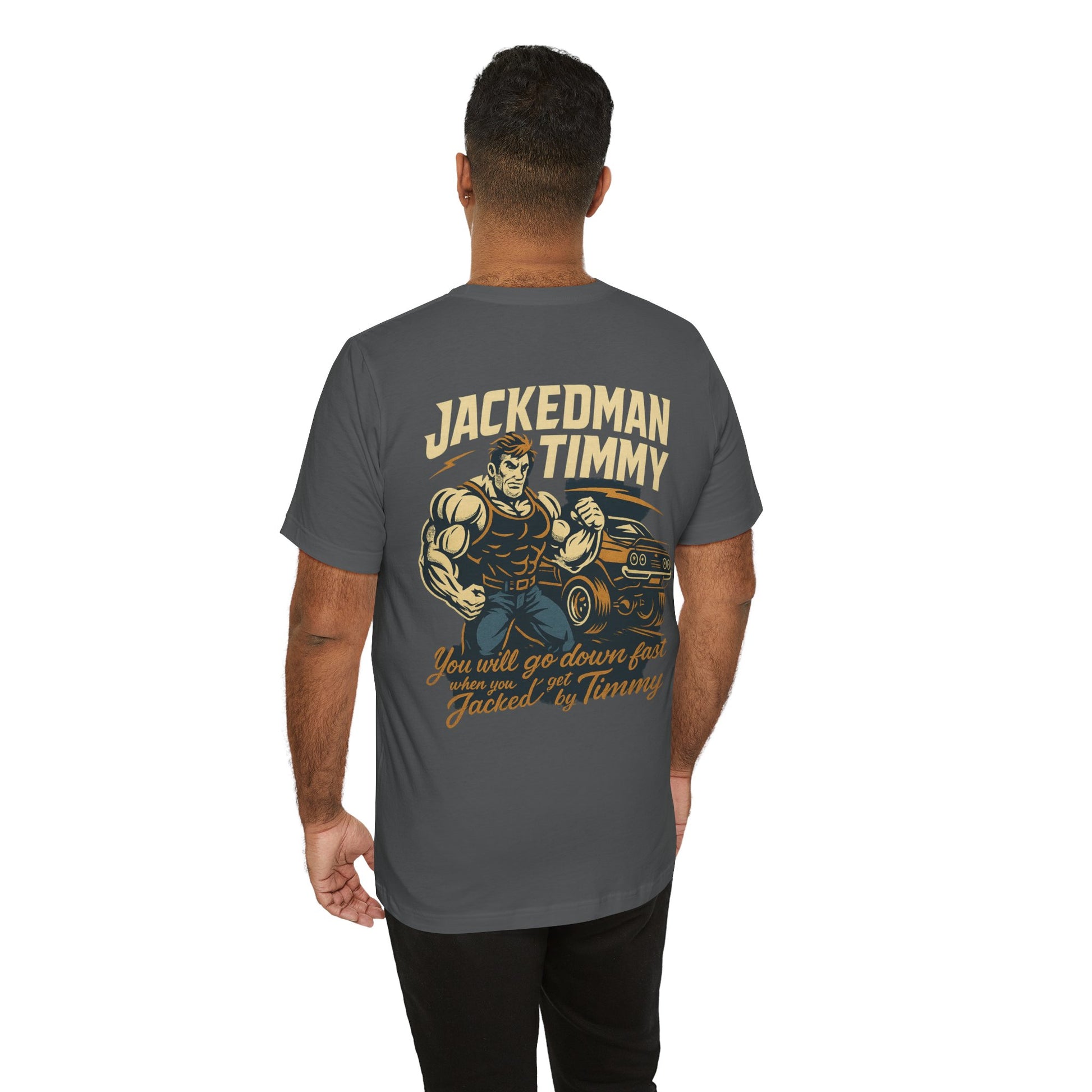 Man wearing a gray t-shirt with 'Jackedman Timmy' graphic design on the back.