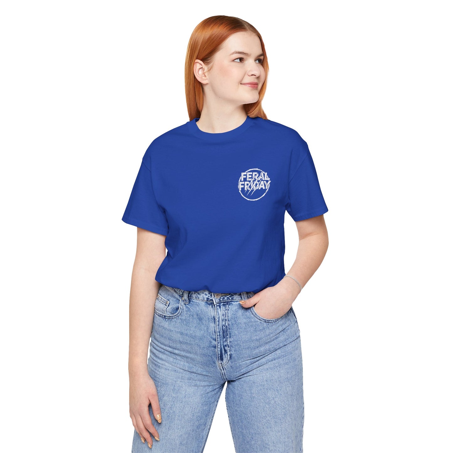 Person wearing a blue t-shirt with a  'Feral Friday' logo on a white background