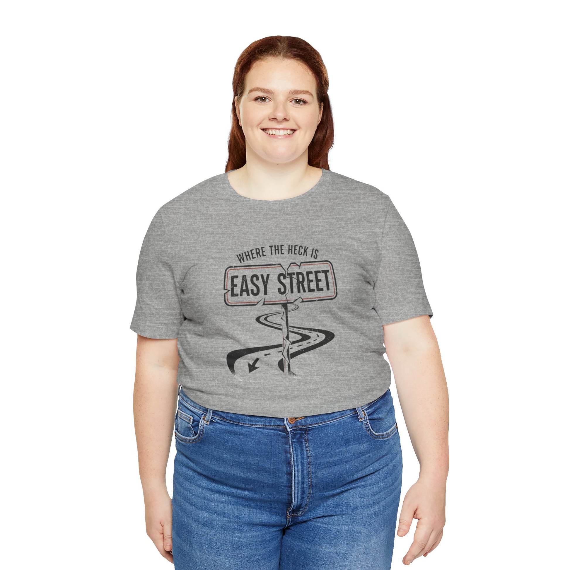 Person wearing a gray t-shirt with a graphic design and text 'Where the heck is Easy Street' on a white background