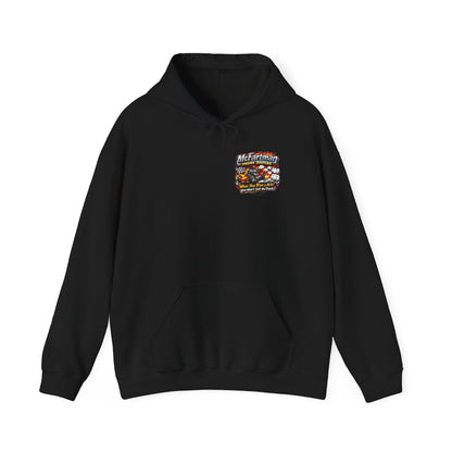 Black hoodie with a colorful 'McFartman Engine Diapers' logo graphic on the chest against a white background