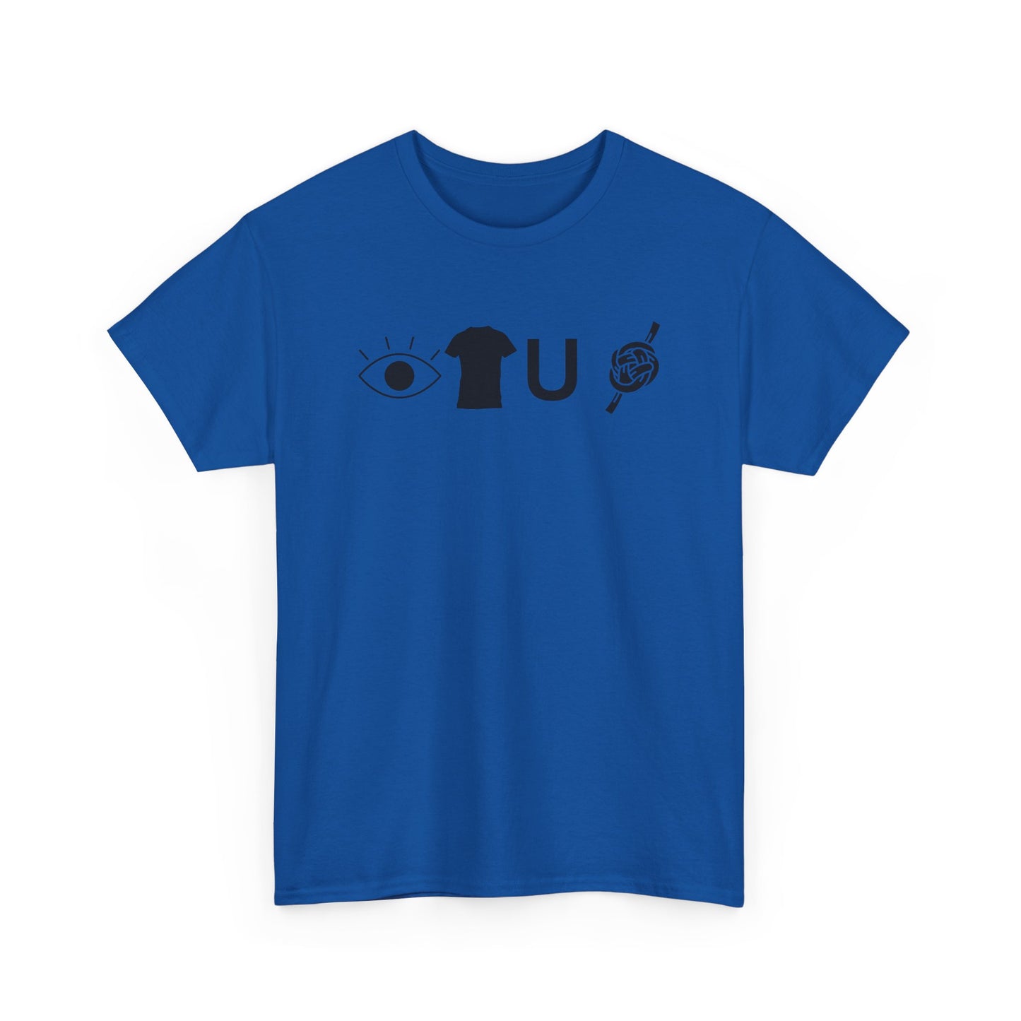 Blue t-shirt with black graphic design on a white background