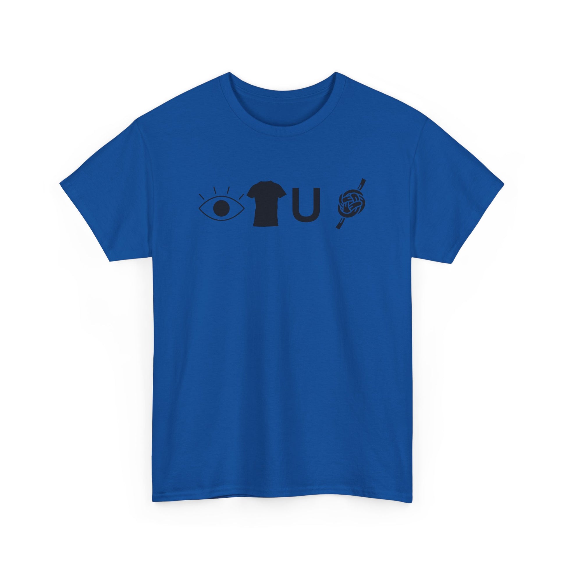 Blue t-shirt with black graphic design on a white background