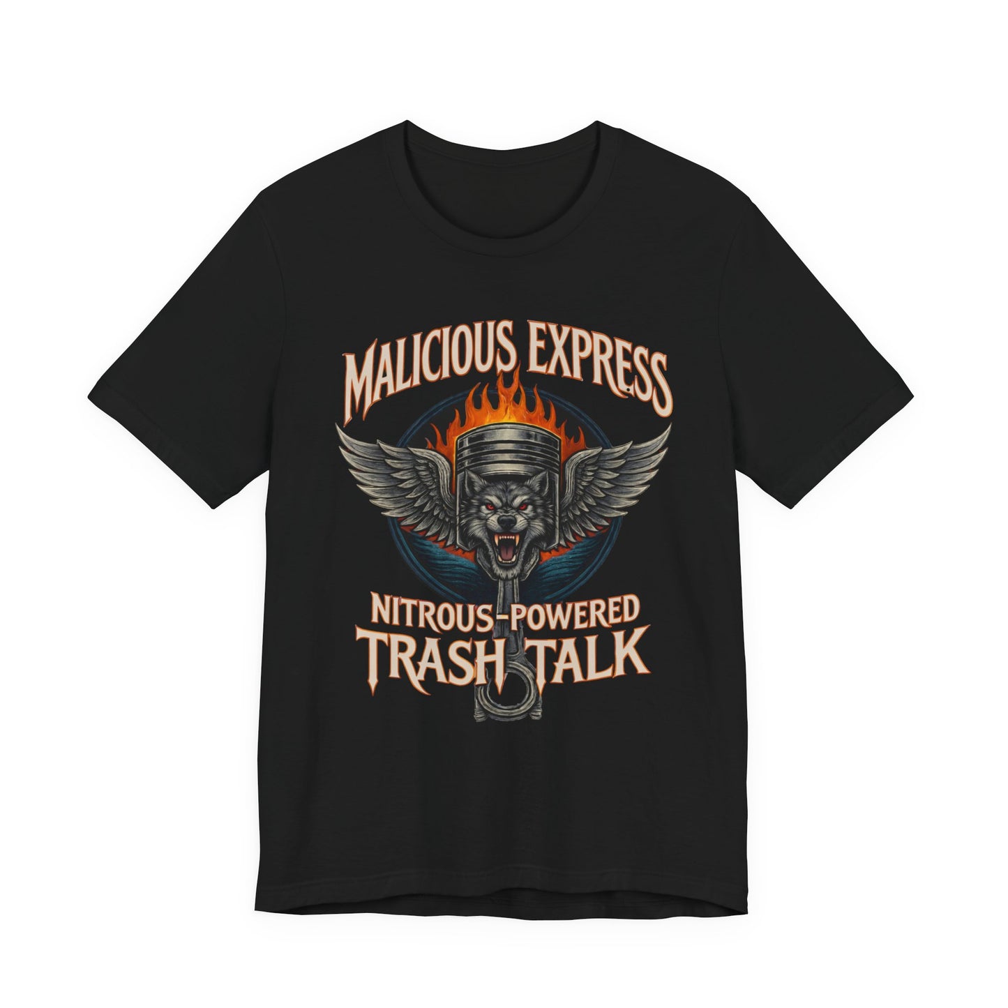 Black t-shirt with graphic design and  'Malicious Express Nitrous-Powered Trash Talk' text on a white background