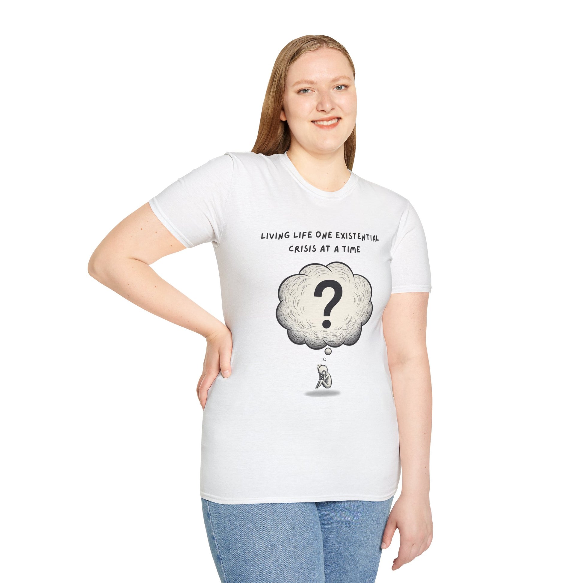 Person wearing a white t-shirt with a graphic and text 'Living Life One Existential Crisis At A Time' on a white background