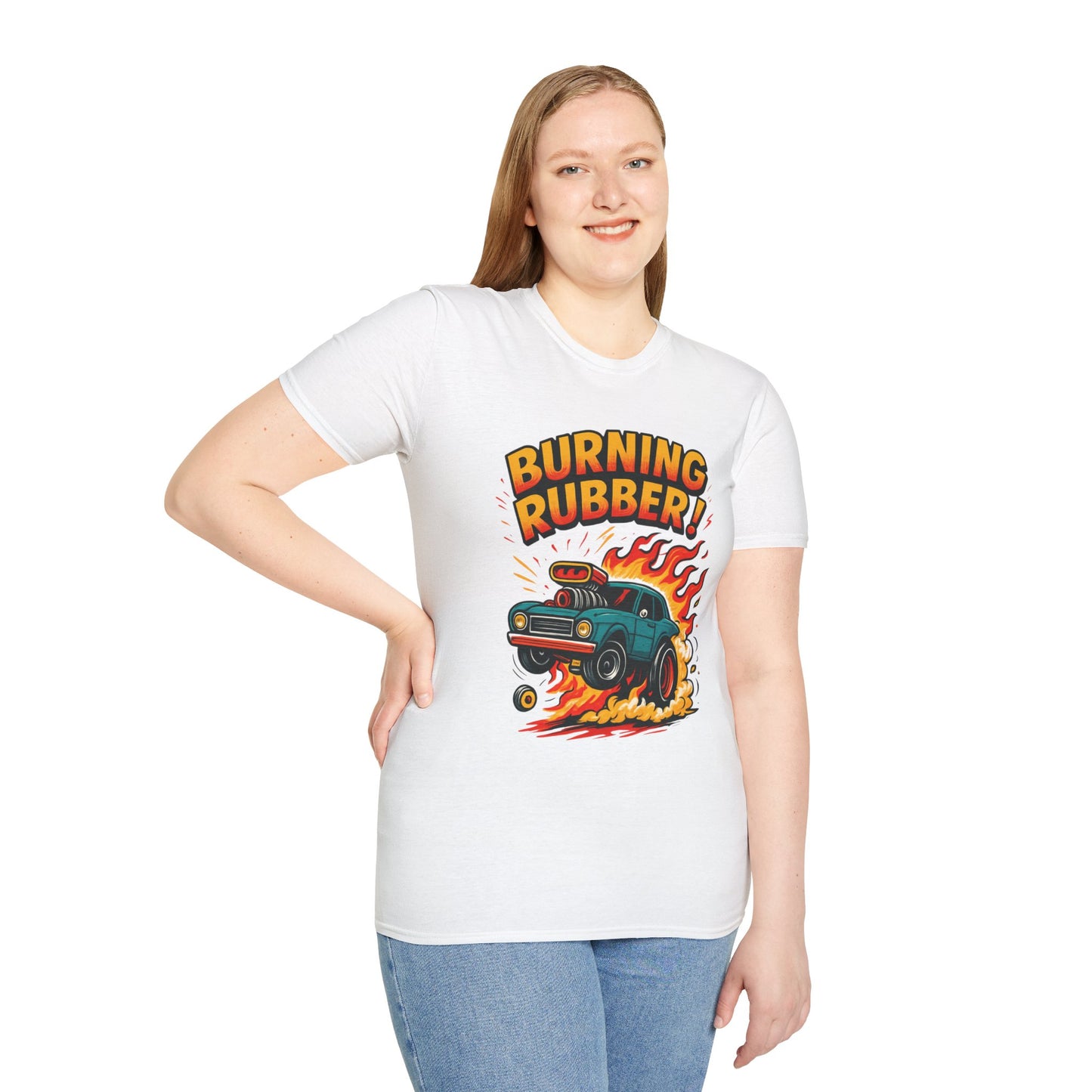 Person wearing a white t-shirt with 'Burning Rubber!' graphic design on a white background