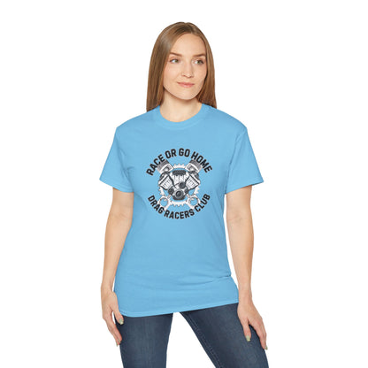 Woman wearing a blue t-shirt with a graphic design and text 'RACE OR GO HOME DRAG RACERS CLUB' on a white background