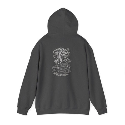 Flat lay of dark heather Gildan 18500 hoodie with bold white back print featuring cartoon weasel, hot rod, and destruction-themed text.