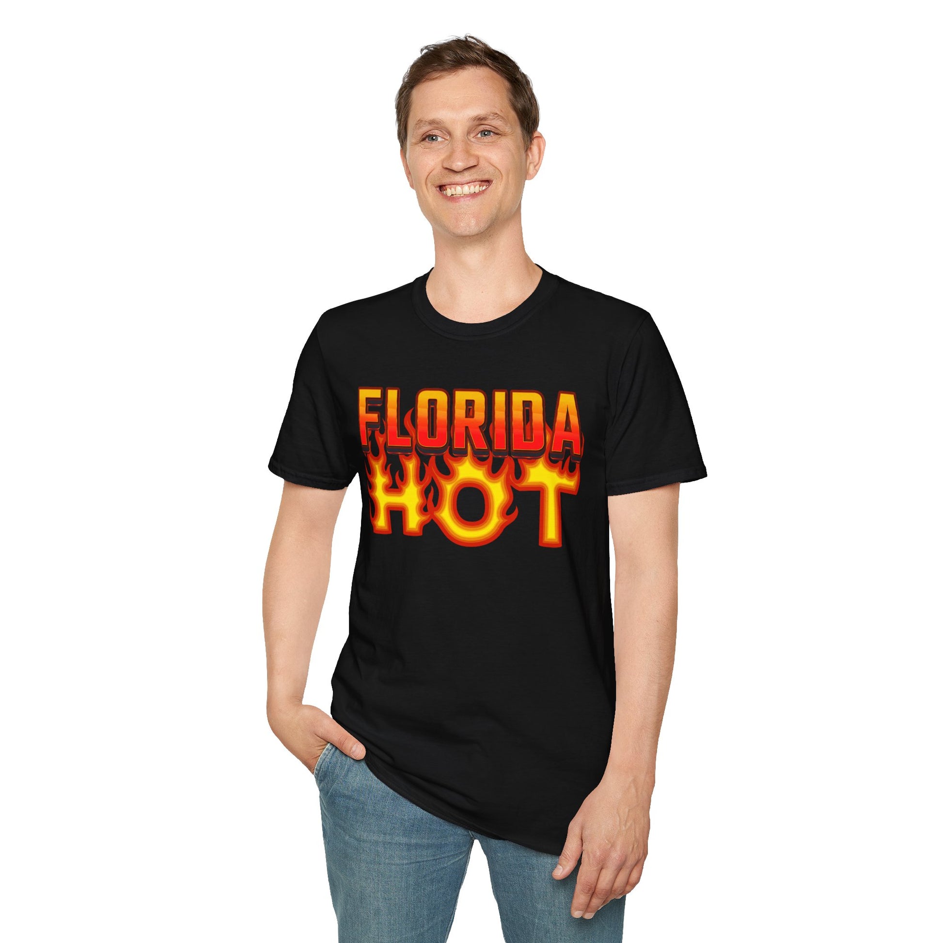Person wearing a black t-shirt with 'Florida Hot' text on a white background