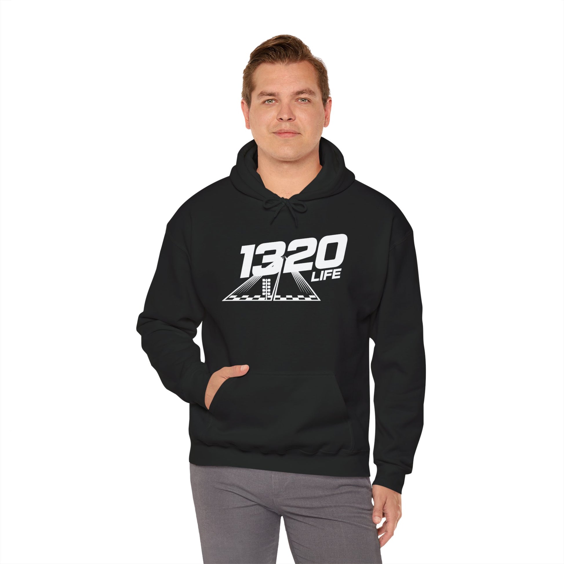 Man wearing a black hoodie with '1320 LIFE' logo on a white background