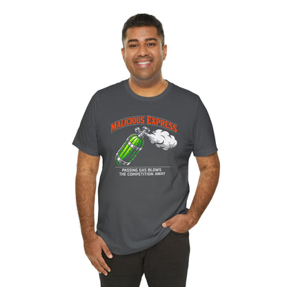 Man wearing a gray t-shirt with a graphic design and 'Malicious Express Passing Gas Blows The Competition Away' text on a white background