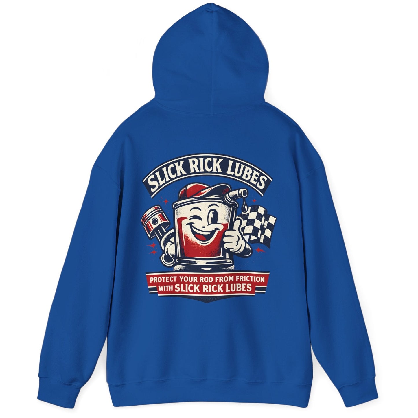 Blue hoodie with 'Slick Rick Lubes' graphic on the back against a white background