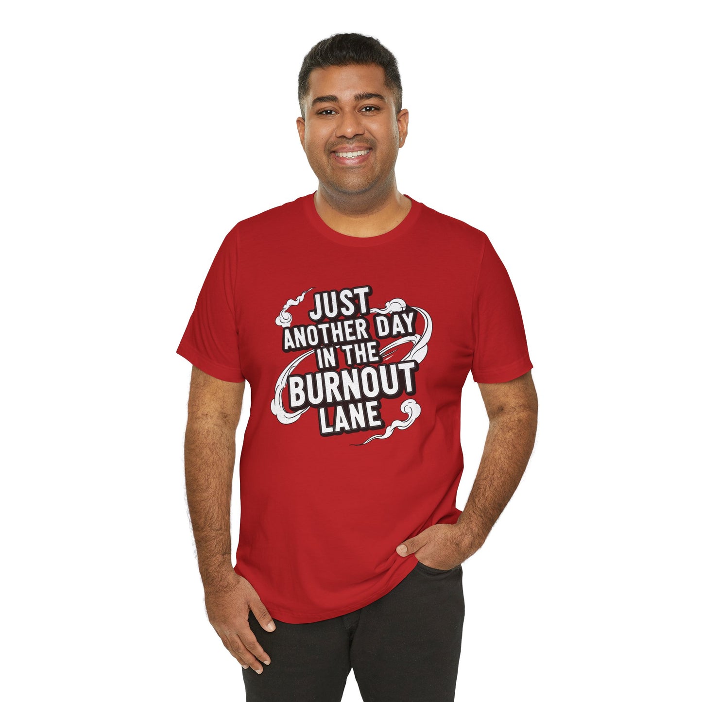 Man wearing a red t-shirt with text design on a white background
