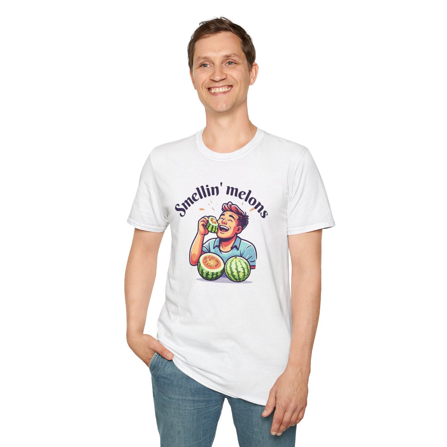 Person wearing a white t-shirt with a graphic design and text 'Smellin' melons' on a white background