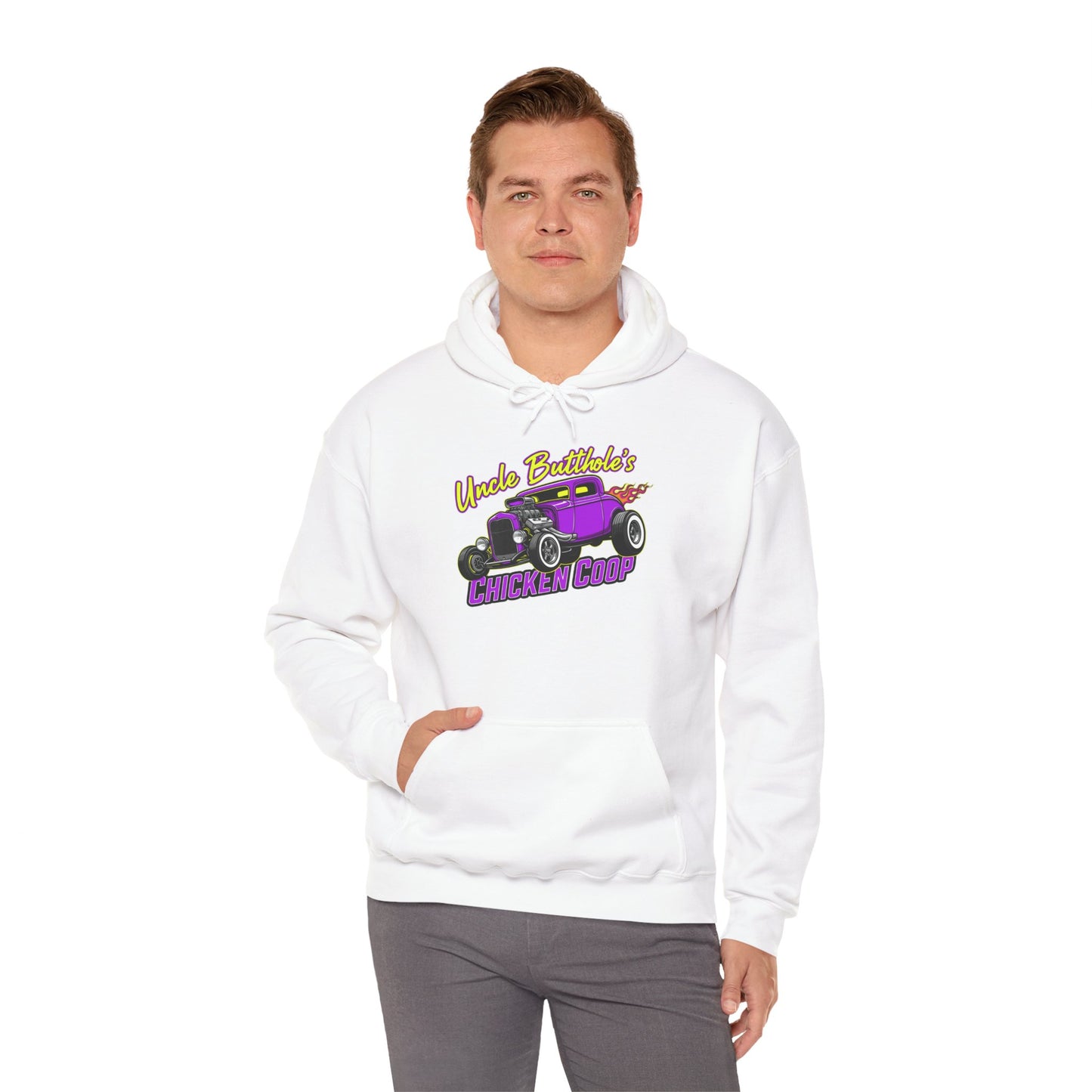 Man wearing a white hoodie with a graphic design and text 'Uncle Butthole's Chicken Coop' on a white background
