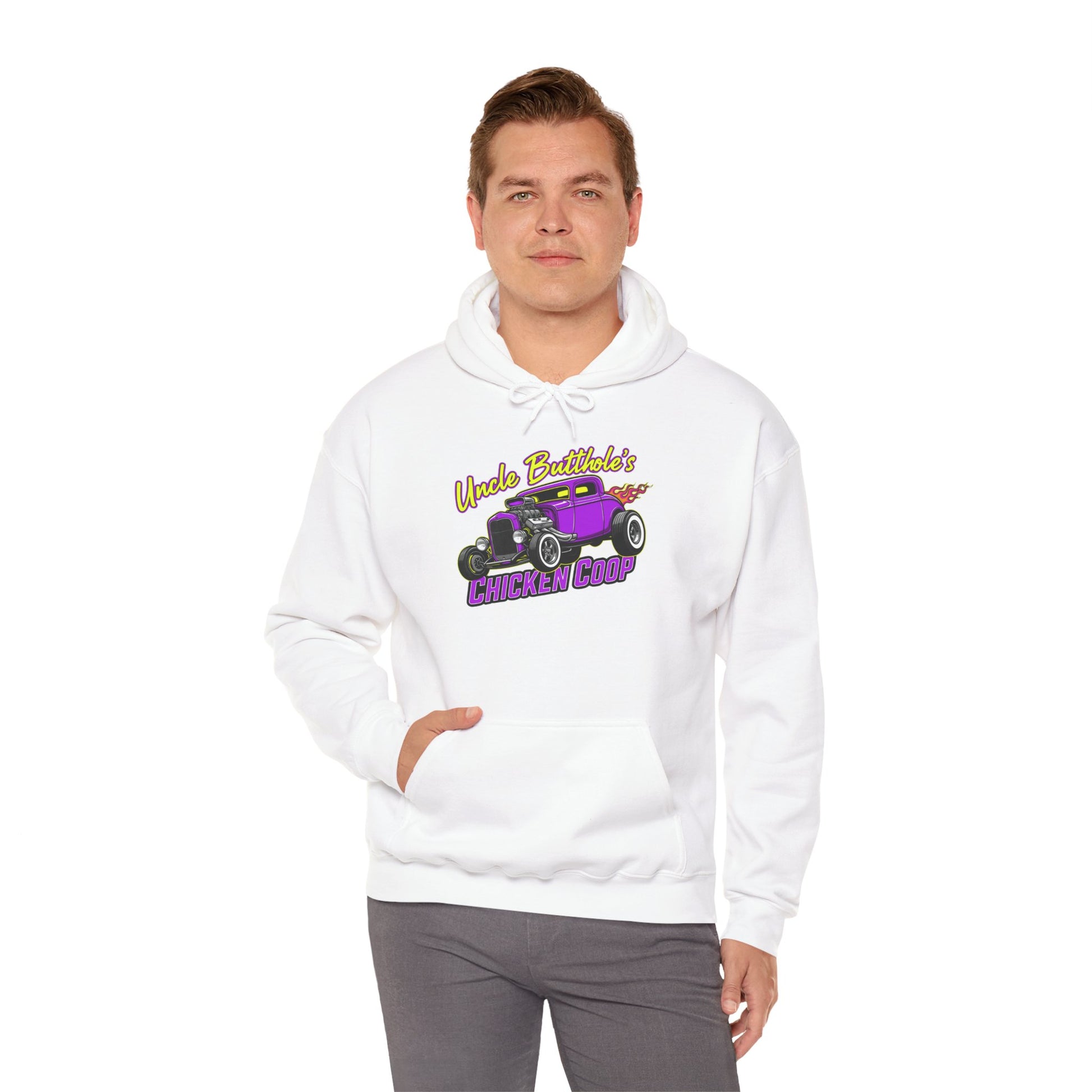 Man wearing a white hoodie with a graphic design and text 'Uncle Butthole's Chicken Coop' on a white background