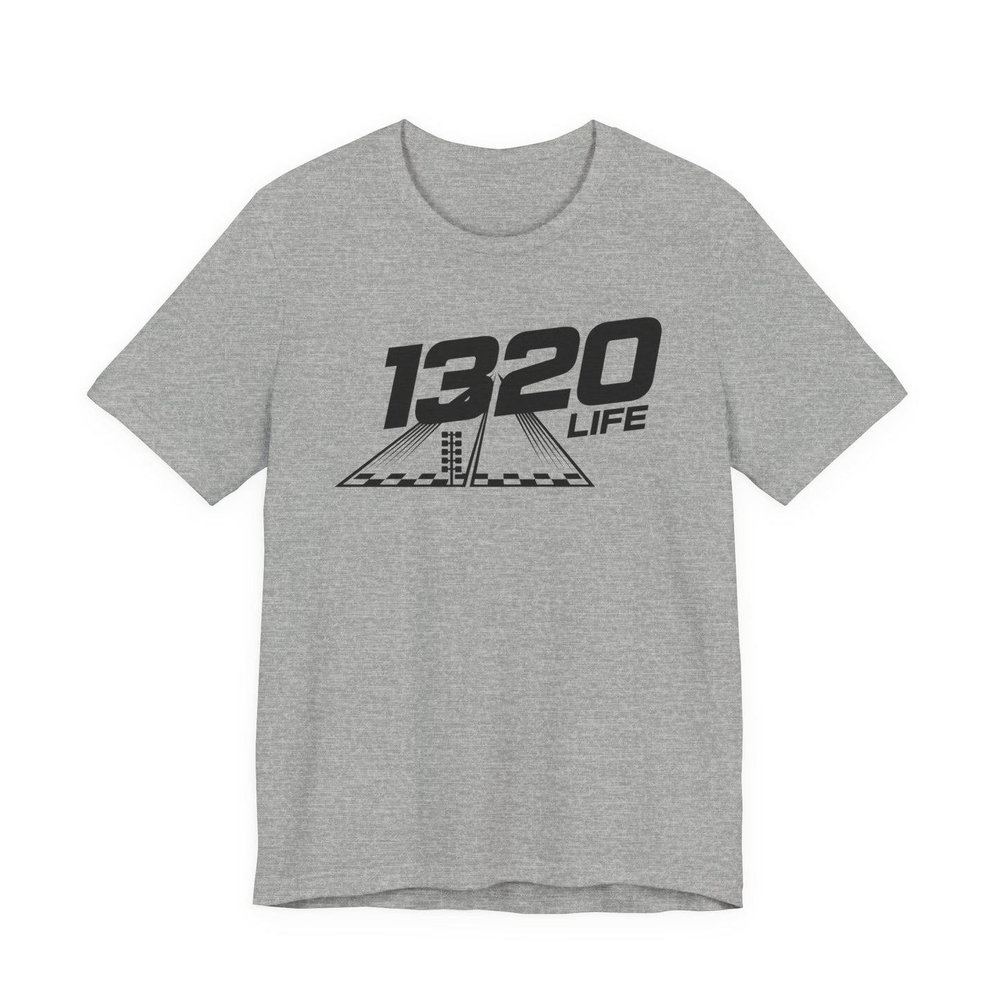 Gray t-shirt with black graphic and text '1320 Life' on a white background