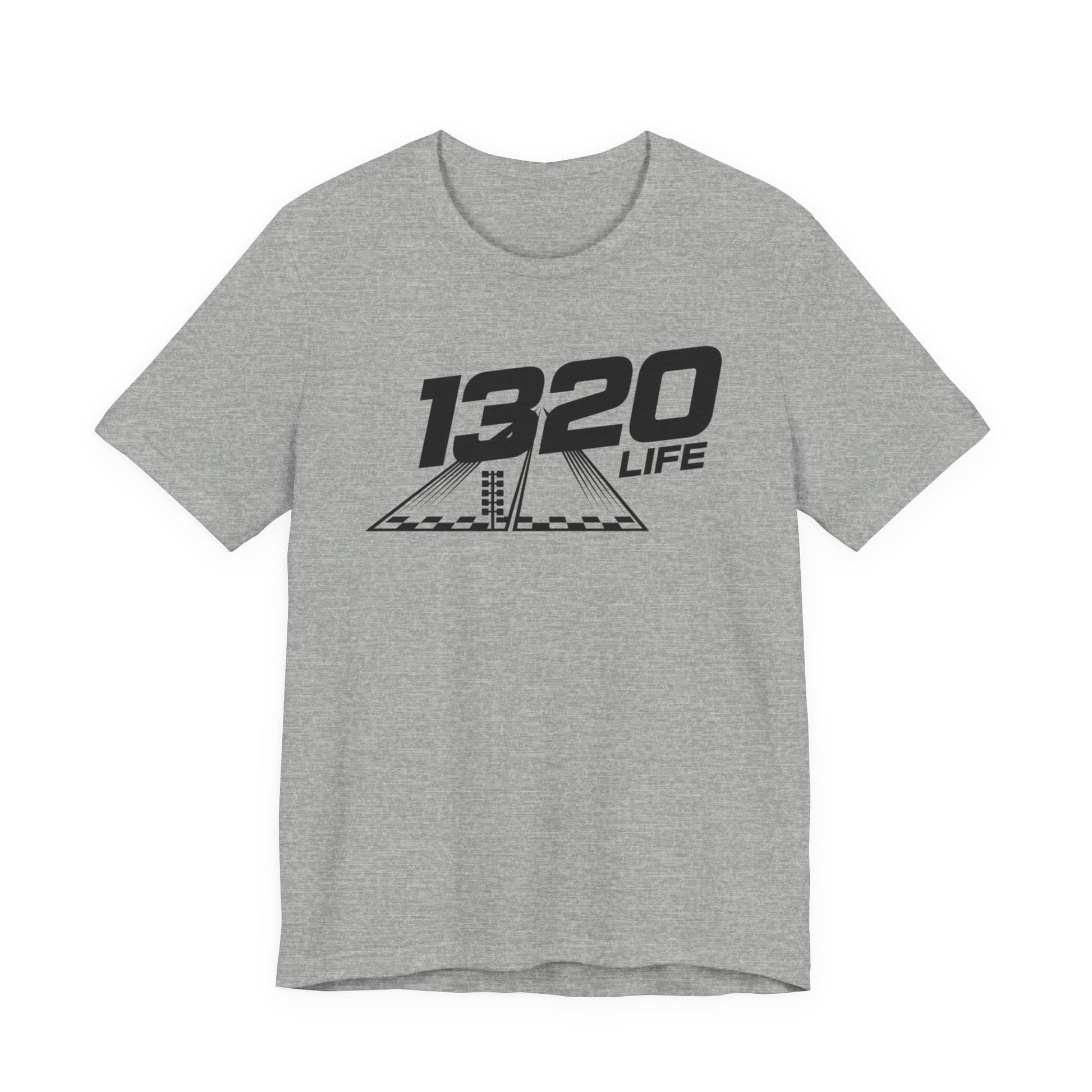 Gray t-shirt with black graphic and text '1320 Life' on a white background