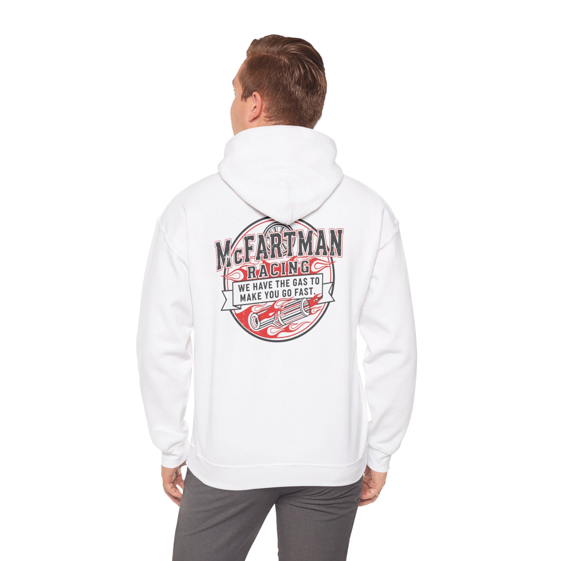 Person wearing a white hoodie with 'McFarman Racing' logo on the back
