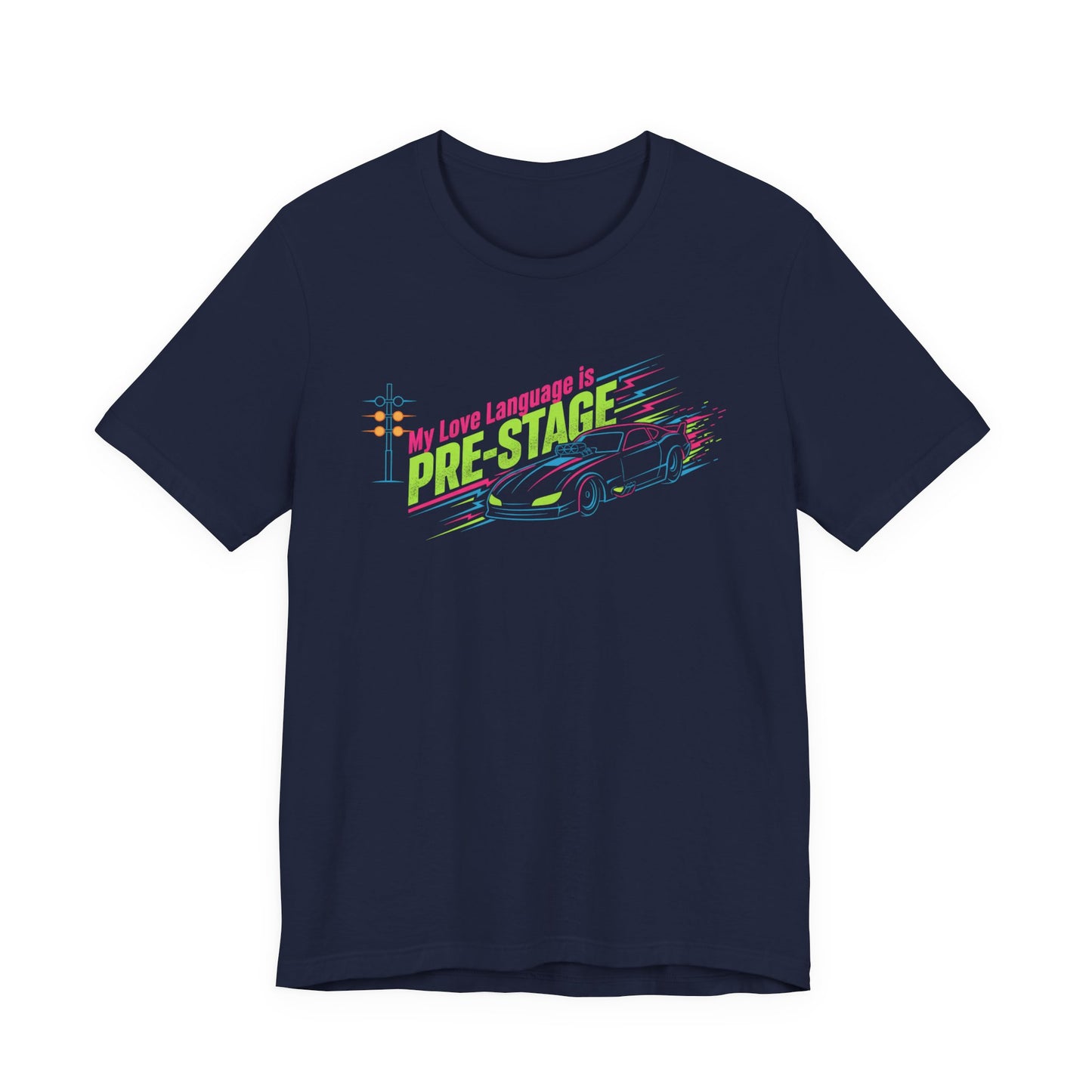 Navy blue t-shirt with colorful graphic and 'My Love Language is Pre-Stage' text on a white background