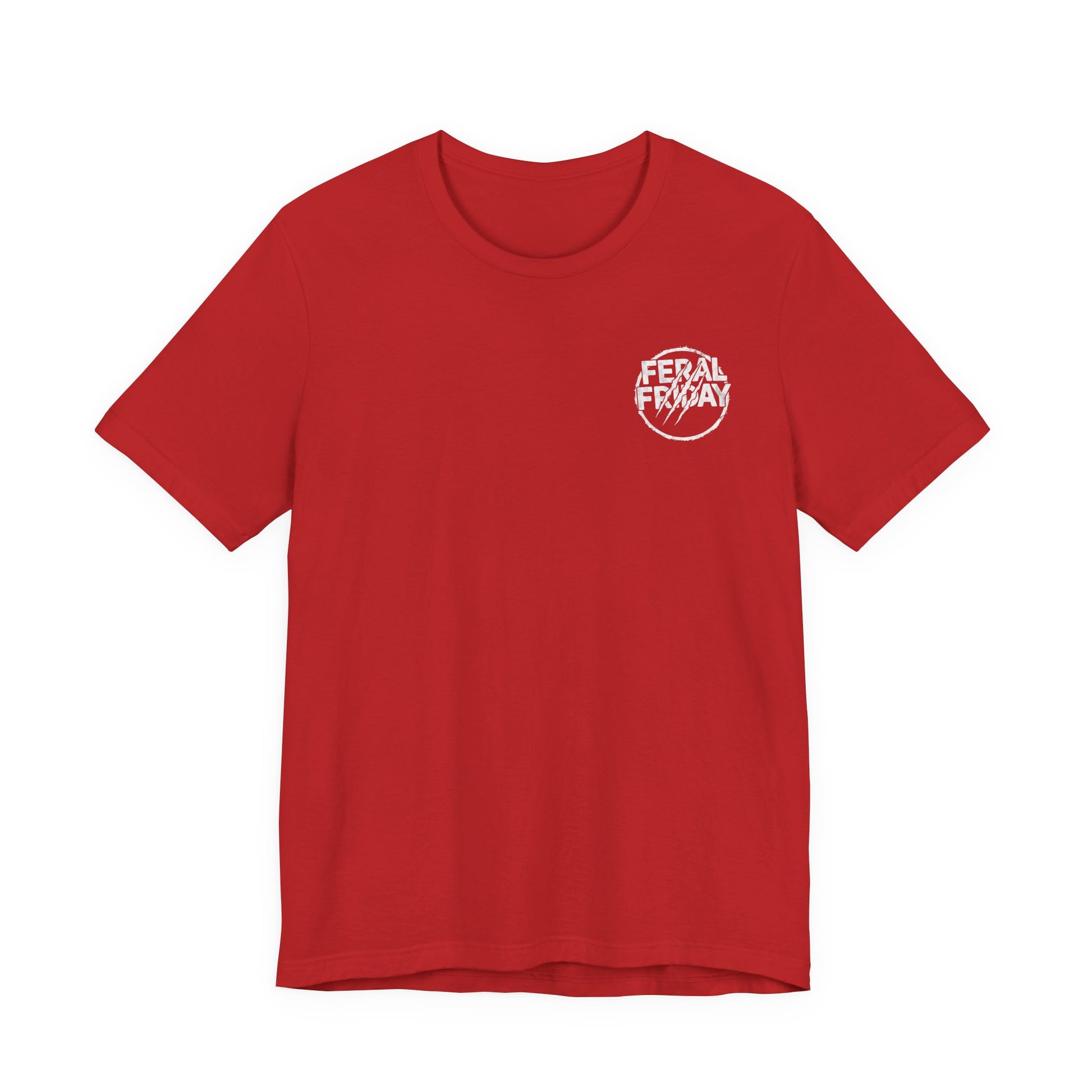 Red t-shirt with a 'Feral Friday' logo on the chest against a white background
