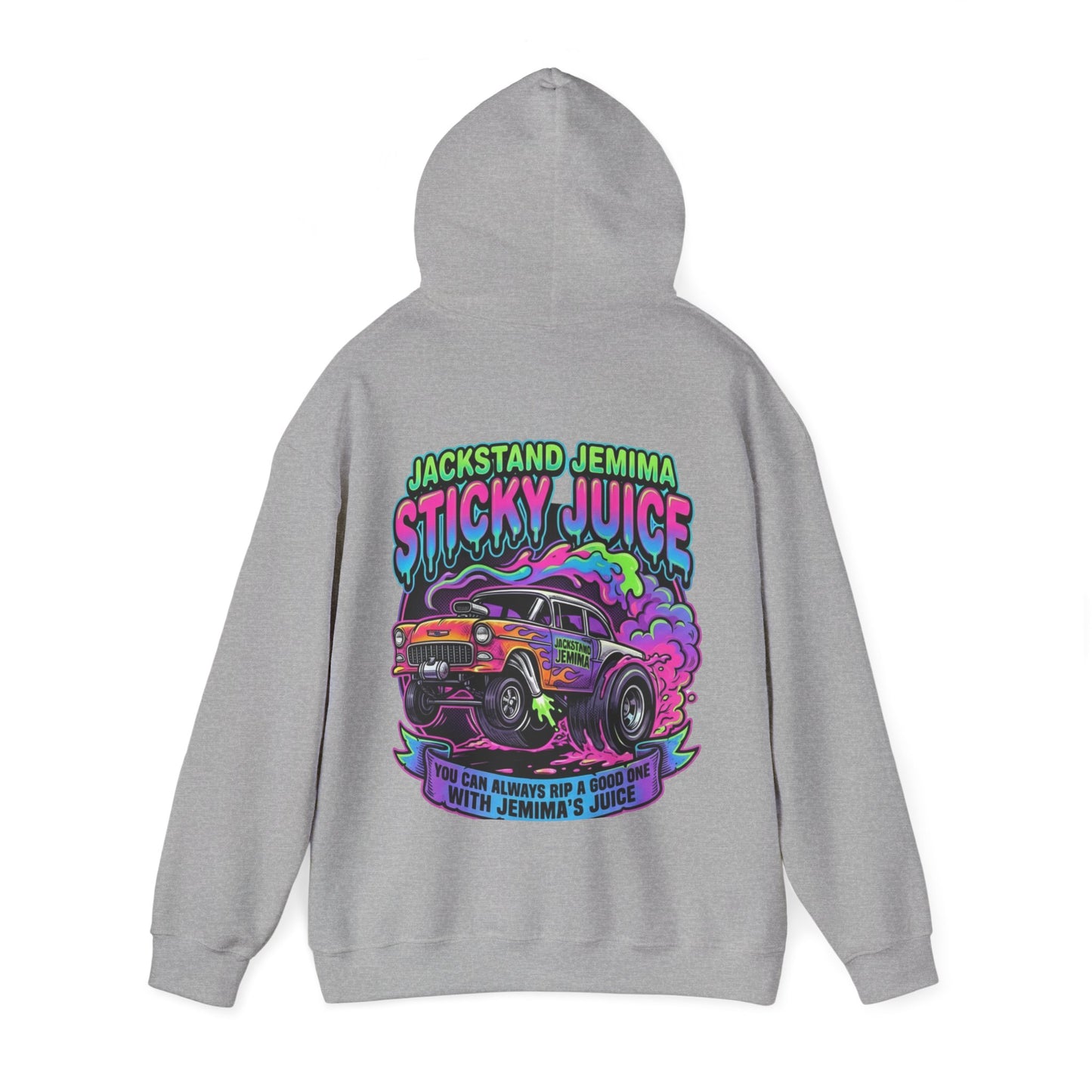 Gray hoodie with colorful graphic design and 'Jackstand Jemima Sticky Juice You Can Always Rip A Good One With Jemima's Juice' text on a white background