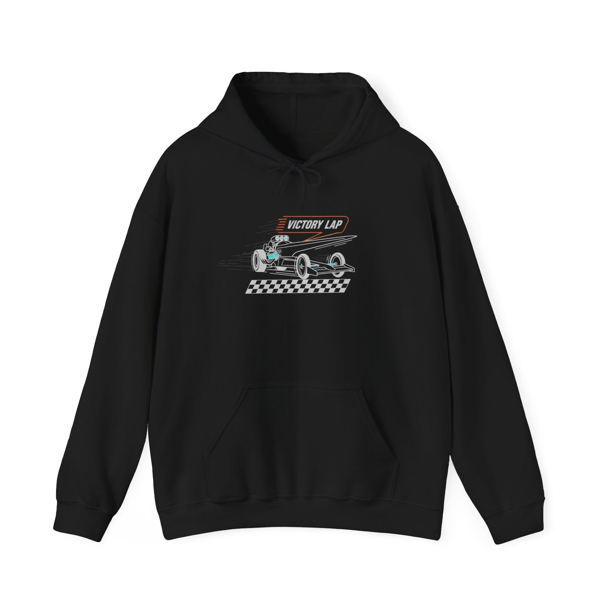 Black hoodie with race car graphic and text 'VICTORY LAP' on a white background