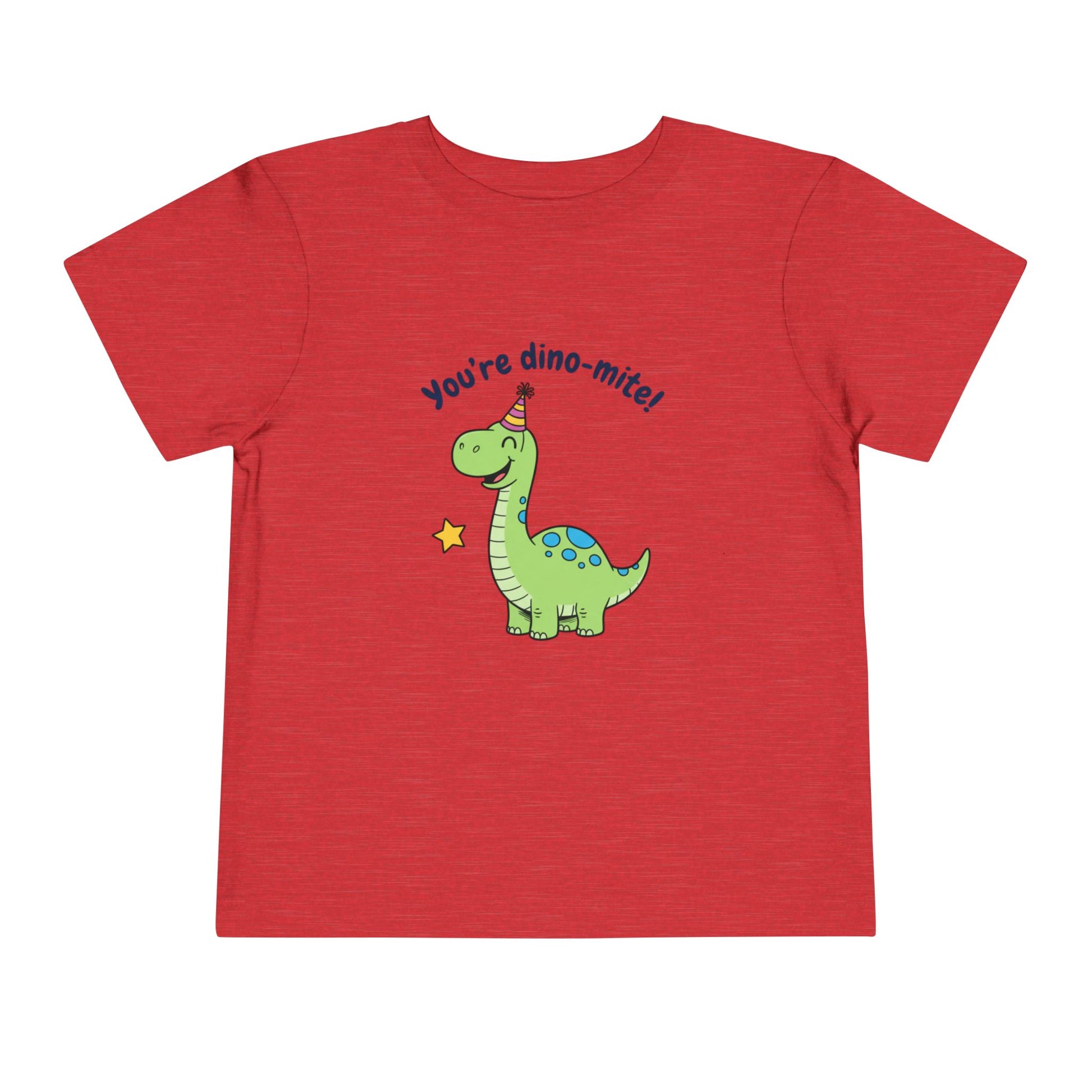 Red t-shirt with a dinosaur graphic and text on a white background