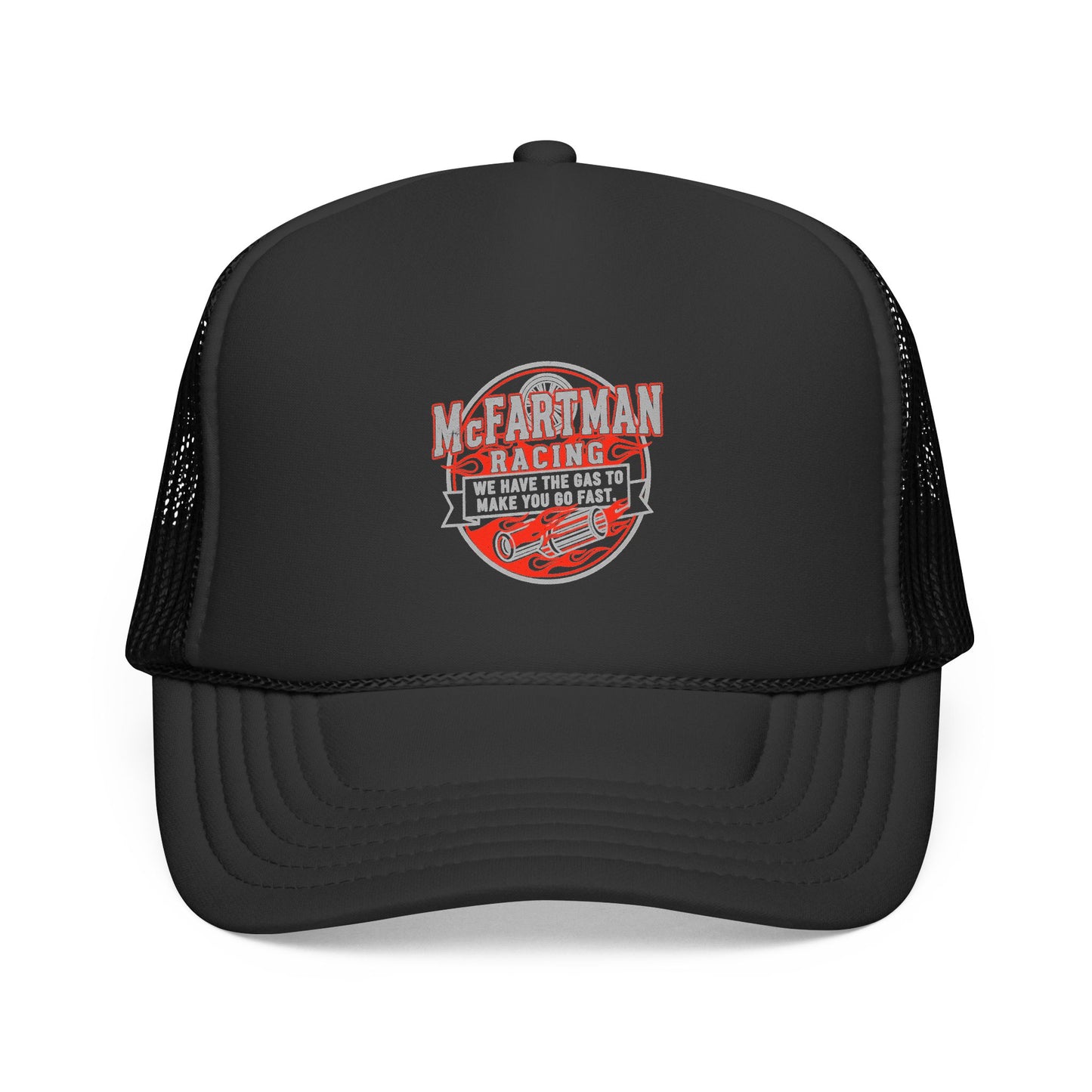 Black trucker hat with racing logo McFARTMAN Racing We have the gas to make you go fast on a white background