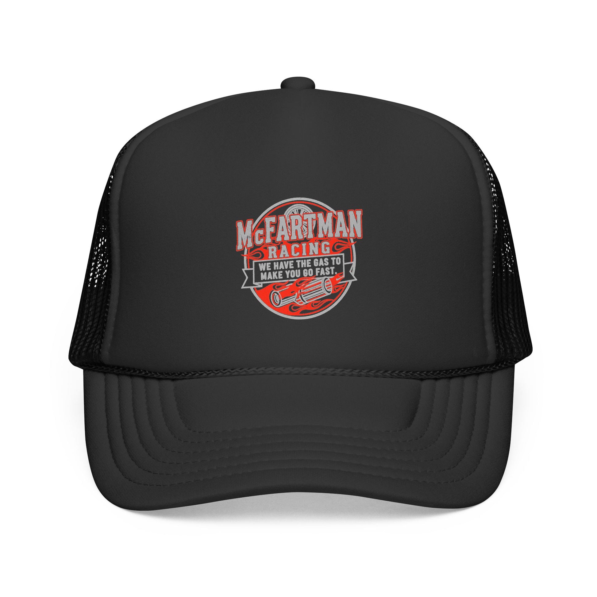 Black trucker hat with racing logo McFARTMAN Racing We have the gas to make you go fast on a white background