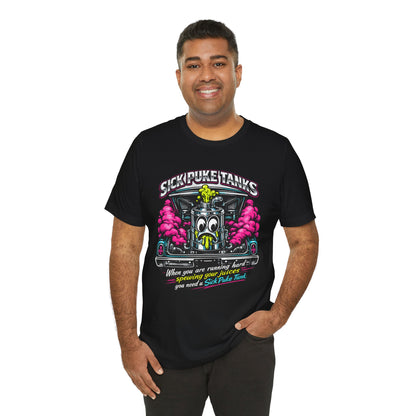 Man wearing a black t-shirt with a graphic design and 'Sick Puke Tanks When you are running hard spewing your juices you need a Sick Puke Tank' text