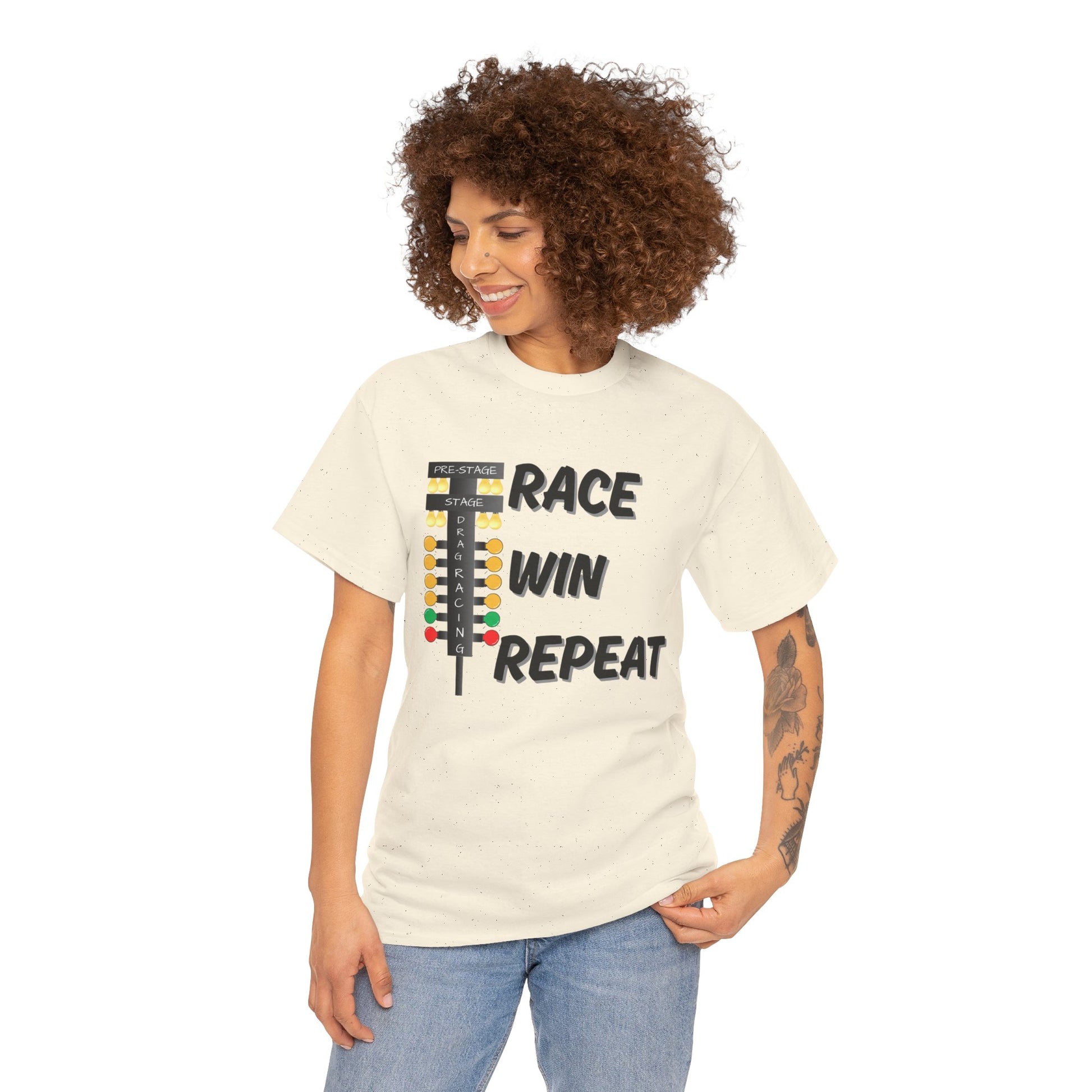 Woman wearing a white t-shirt with 'Race Win Repeat' text and graphic on a white background