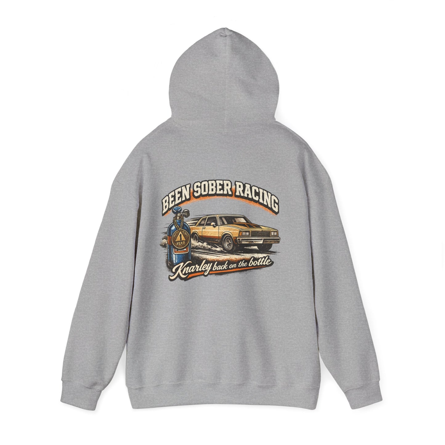 Gray hoodie with a graphic design on the back featuring a car and 'Been Sober Racing Knarley back on the bottle' text.