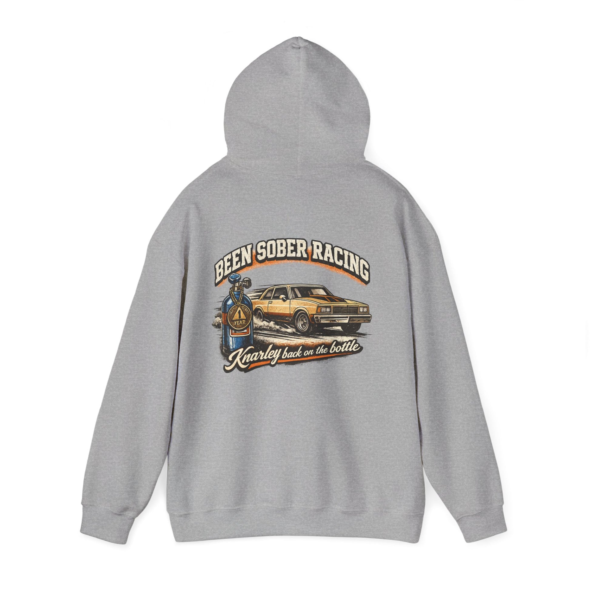 Gray hoodie with a graphic design on the back featuring a car and 'Been Sober Racing Knarley back on the bottle' text.