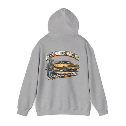 Gray hoodie with a graphic design on the back featuring a car and 'Been Sober Racing Knarley back on the bottle' text.