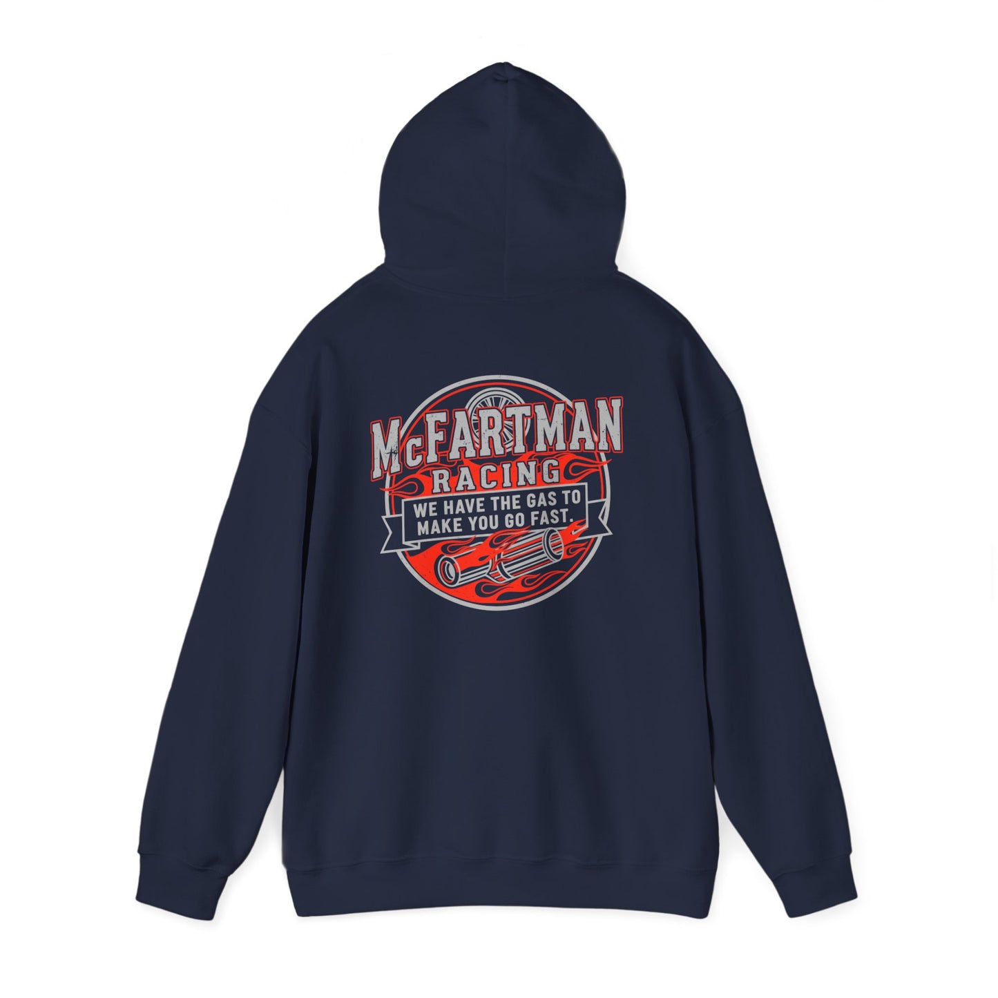 Navy blue hoodie with a racing-themed graphic McFartman Racing We have the gas to make you go fast on the back against a white background