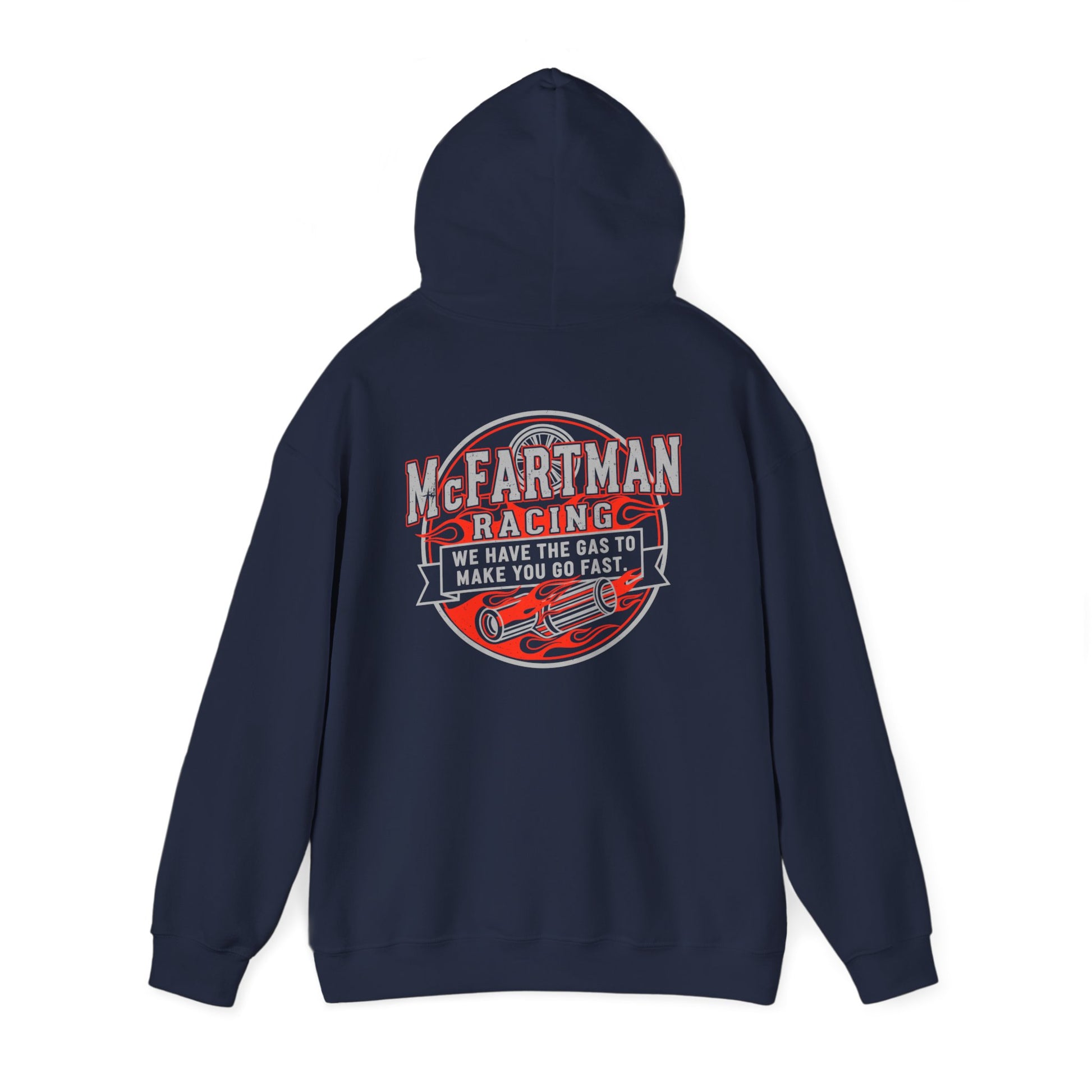 Navy blue hoodie with a racing-themed graphic McFartman Racing We have the gas to make you go fast on the back against a white background