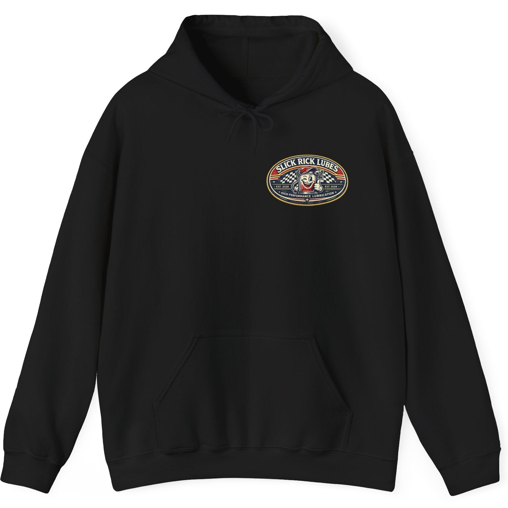 Black hoodie with a colorful 'Slick Rick Lubes' logo on a white background
