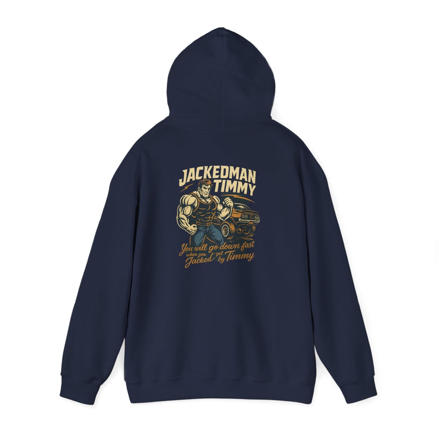 Navy blue hoodie with 'JACKEDMAN TIMMY' graphic design on the back against a white background