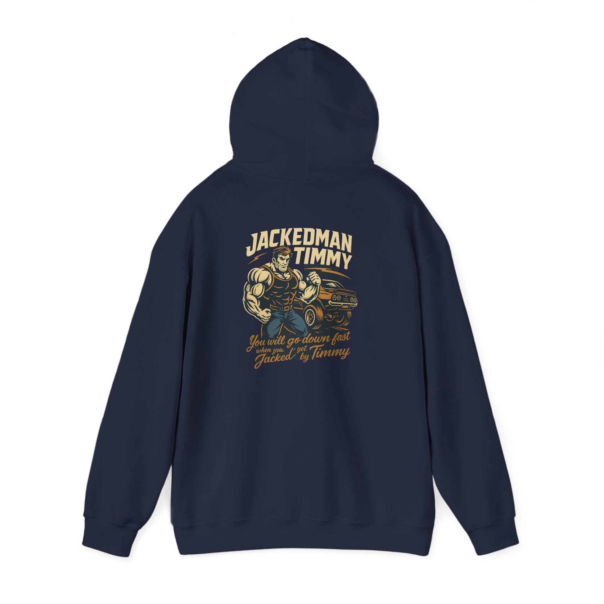 Navy blue hoodie with 'JACKEDMAN TIMMY' graphic design on the back against a white background