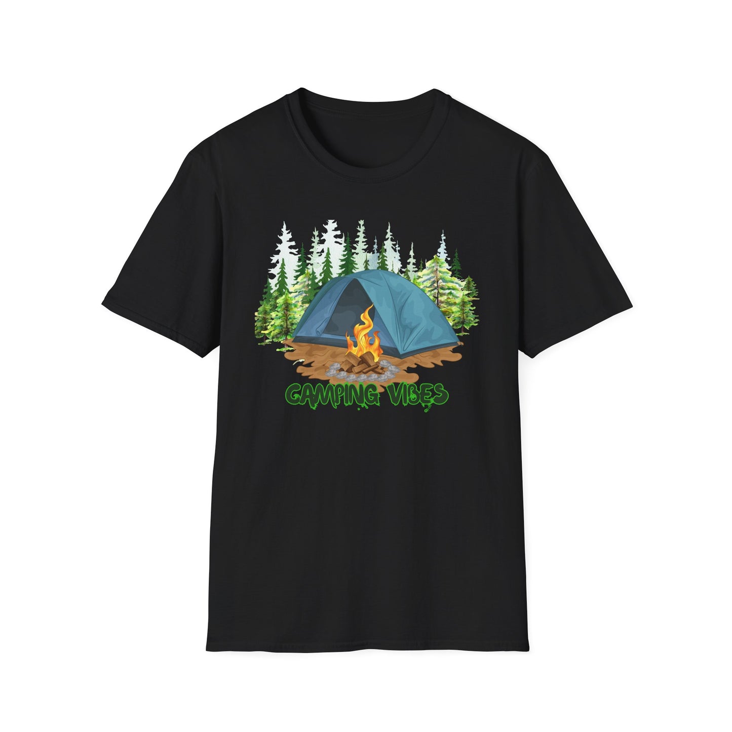 Black t-shirt with a camping graphic and 'Camping Vibes' text on a white background