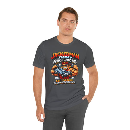Man wearing an asphalt gray Bella+Canvas 3001 tee featuring Jackedman Timmy race jack design. Perfect for bracket racers and pit crew humor.