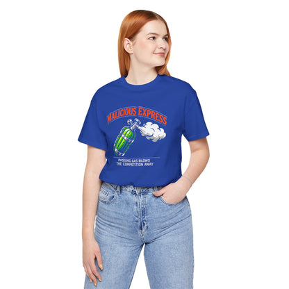 Person wearing a blue t-shirt with a graphic design and 'Malicious Express Passing Gas Blows The Competition Away' on a white background